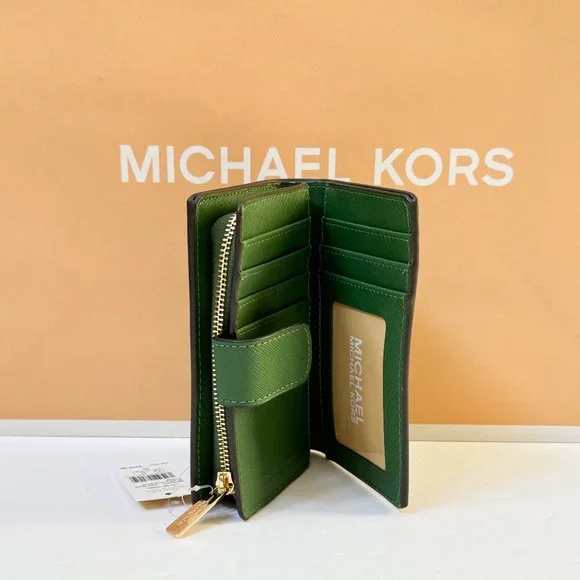 Michael Kors Jet Set Travel Medium Bifold Coin Zipper Wallet Fern Green - Picture 6 of 11